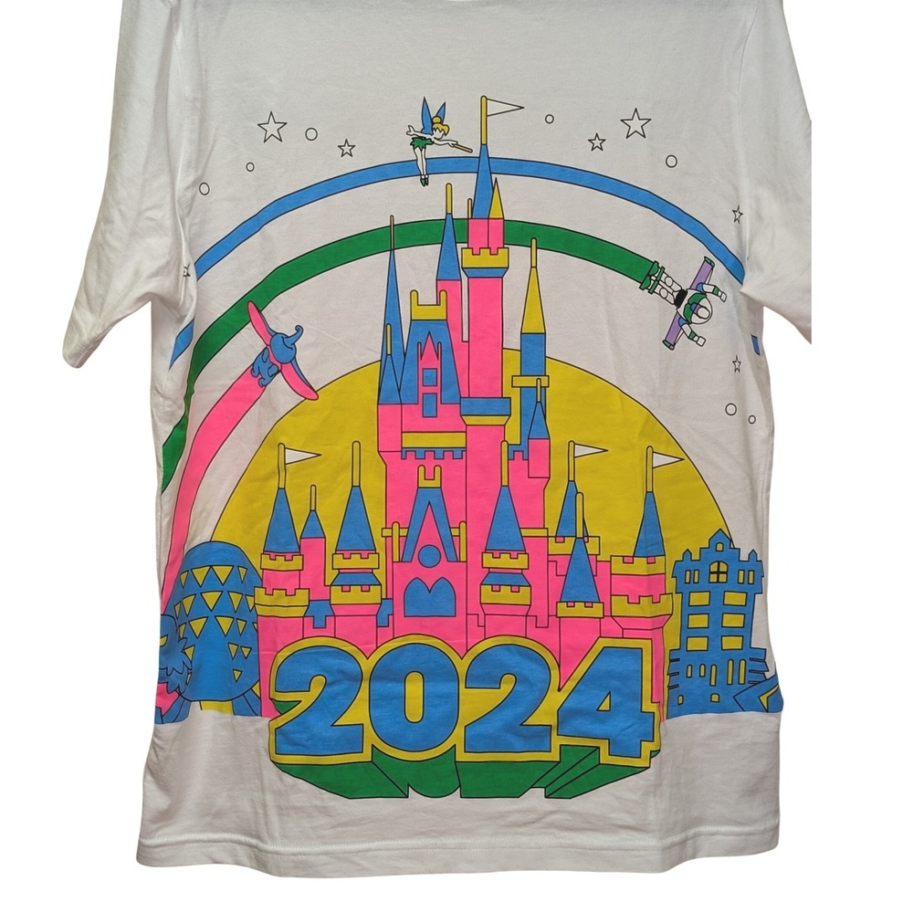 Disney 2024 Neon Retro Castle WDW Graphic T Shirt White Unisex Adult MED Reg Fit - Picture 4 of 7